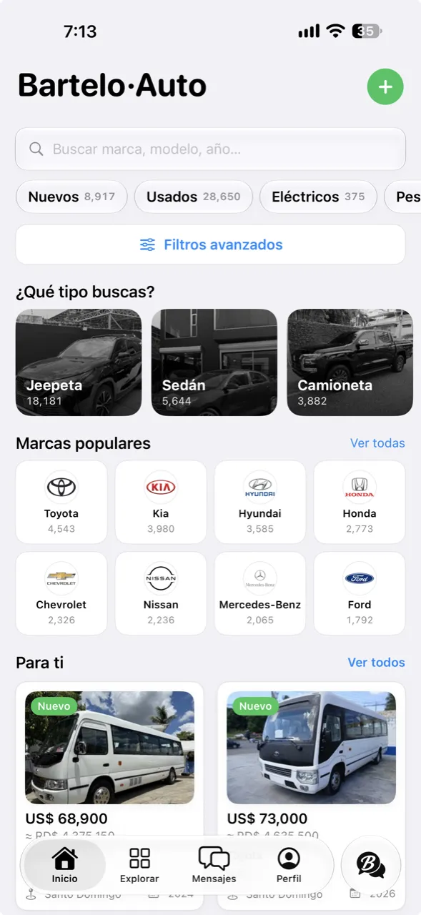 La pantalla de Bartelo Auto, con búsqueda de vehículos por tipo y por marca