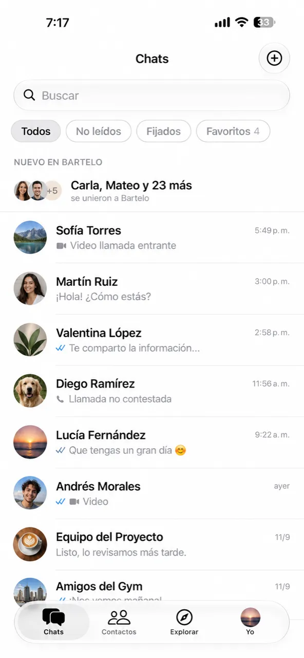 La lista de chats de Bartelo en un iPhone
