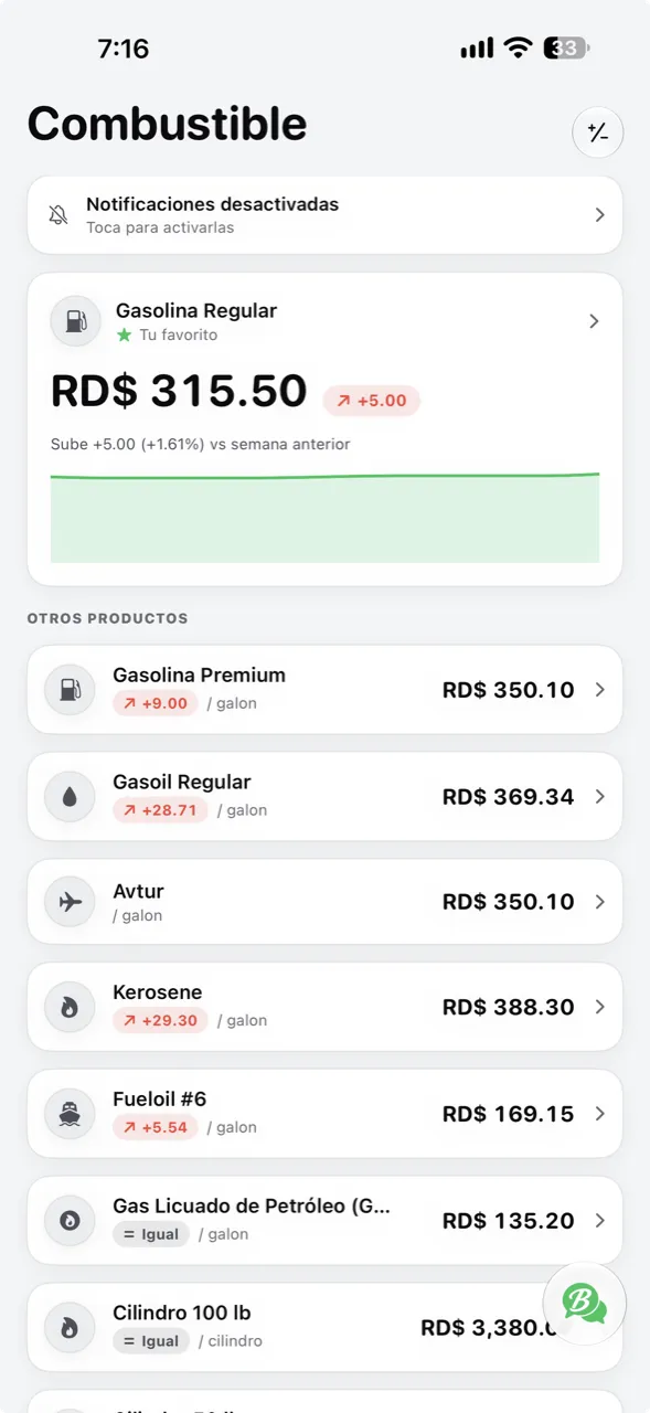 La pantalla de Combustible de Bartelo, con el precio de la gasolina regular y los demás productos