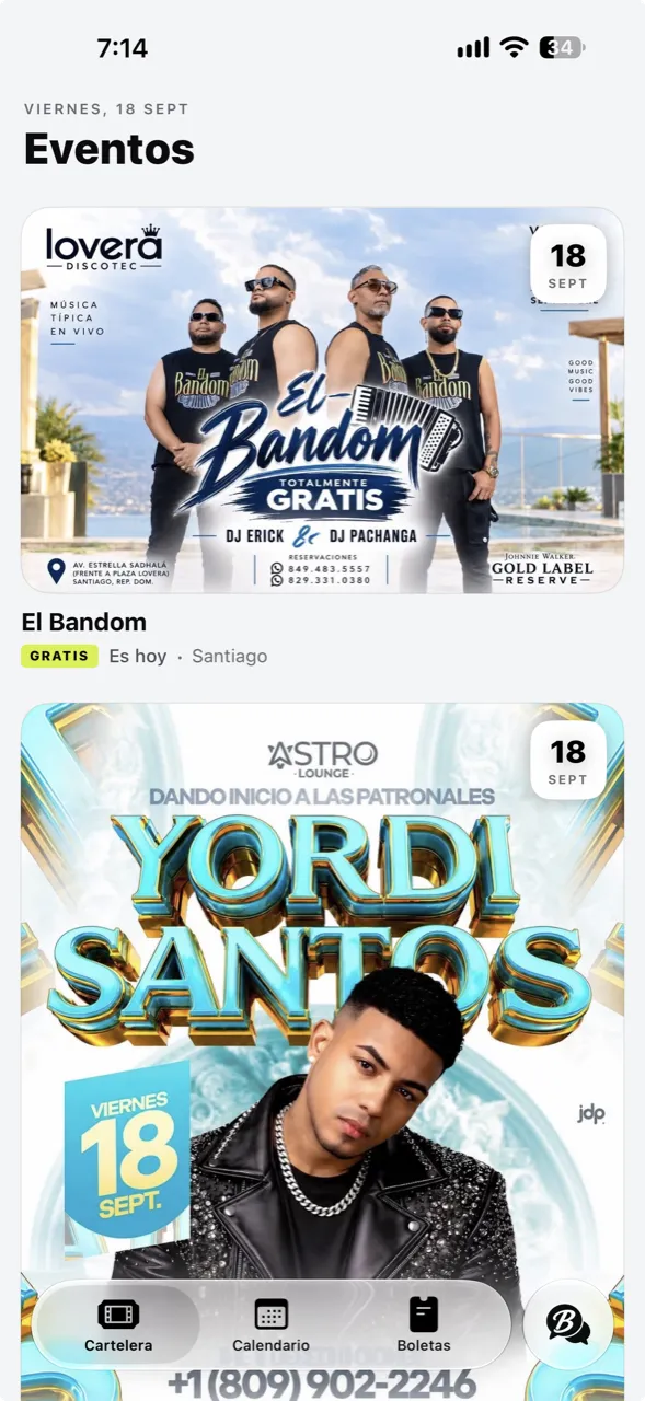 La pantalla de Eventos de Bartelo, con la cartelera de la noche