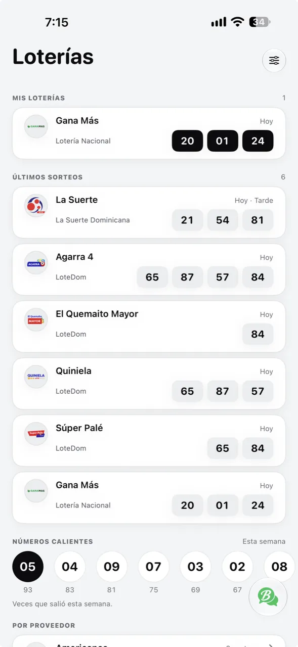 La pantalla de Loterías de Bartelo, con los últimos sorteos y los números calientes